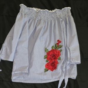 Blue and white striped off the shoulder blouse